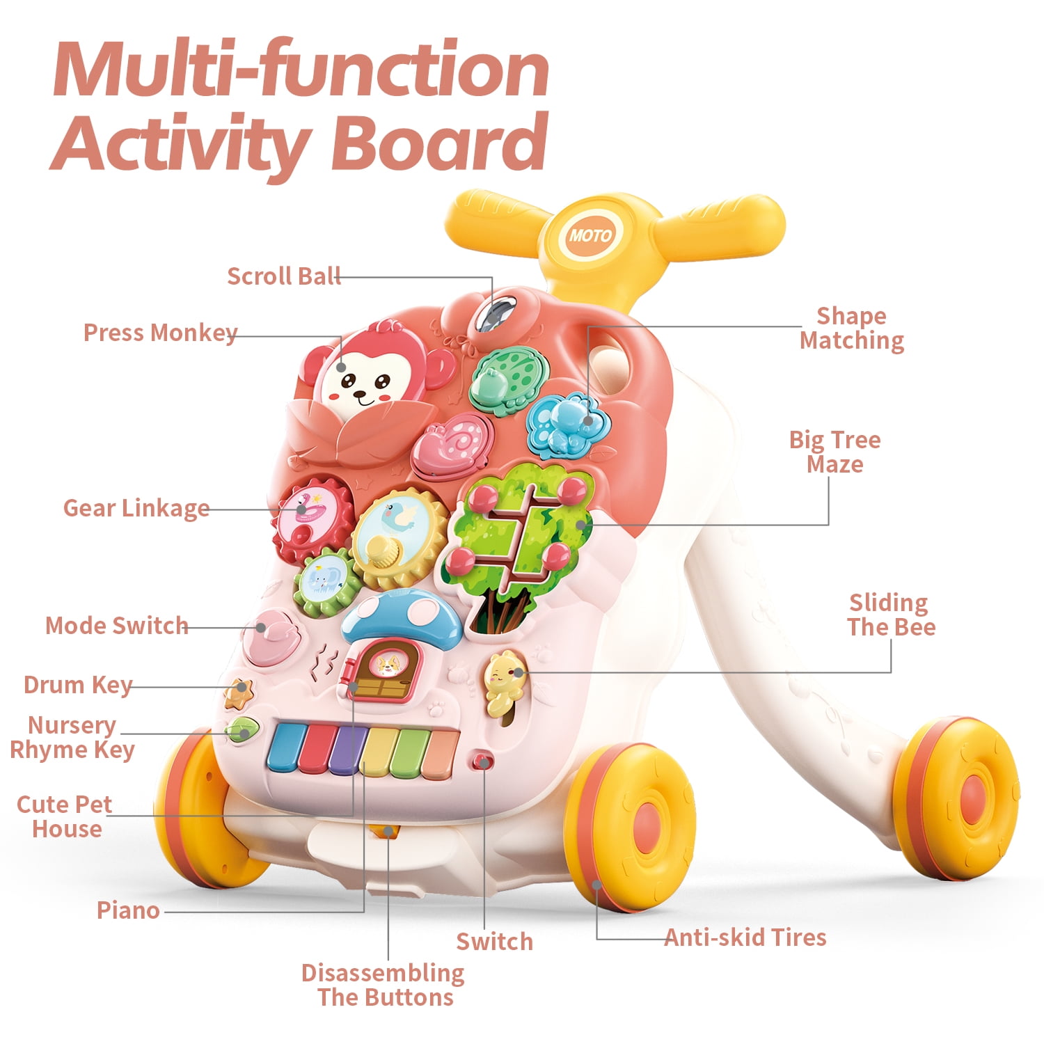 JoyStone 2-in-1 Baby Walker and Learning Push Toy with Music Table, for Toddlers 6–18 Months