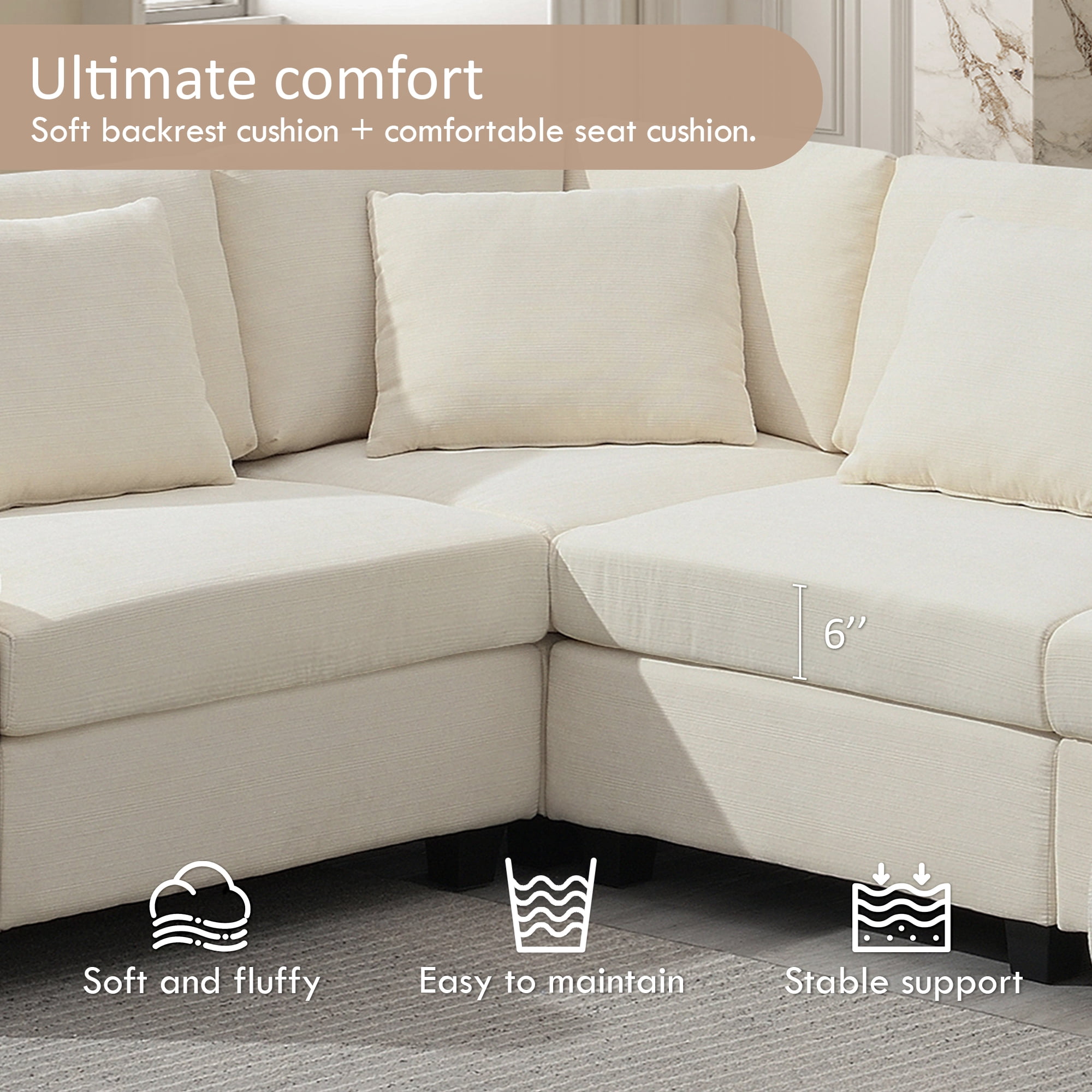 Sectional Sofa, U-Shape Sofa, Chenille Couch, 6-Seater Couch with Oversized Ottoman and Armrest Storage for Living Room, Off White