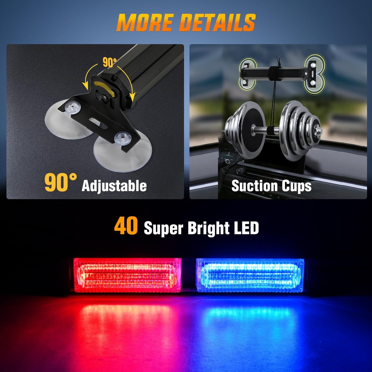 Nilight 40LED Blue Red Emergency Strobe Advisor Light Bar with Suction Cups Dash Safety Warning Hazard Flashing Lights Interior Front/Rear Windshield for Trucks Construction Vehicles