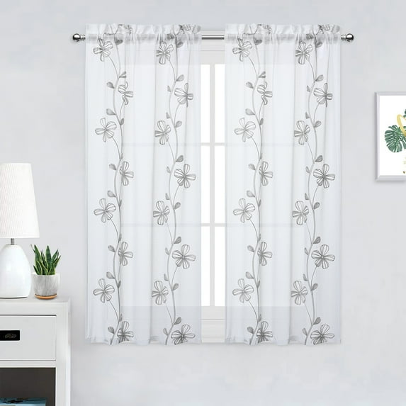 Haperlare 26"Wx45"L Sheer Floral Embroidered Kitchen Curtains Semi-Sheer Curtains Rod Pocket Bathroom Curtain Sheer Window Treatment, Gray, 2 Panels