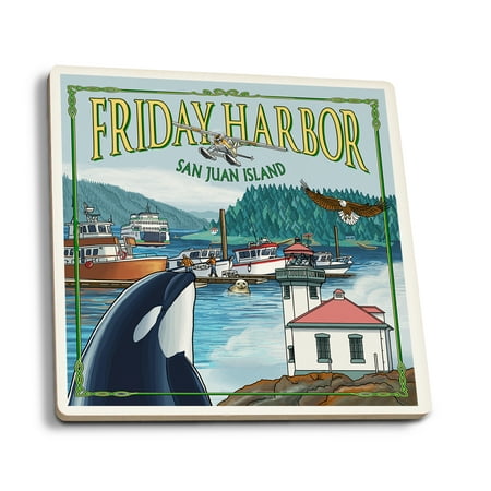 

Friday Harbor San Juan Island Washington Views (Absorbent Ceramic Coasters Set of 4 Matching Images Cork Back Kitchen Table Decor)
