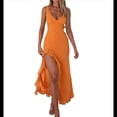thumbnail image 1 of Vestido de Cóctel para Mujer, Maxivestido Informal Ajustado con Escote en V, Sin Mangas, de con Dobladillo con Volantes, Espalda Descubierta y Abertura Alta. Color Naranja S, 1 of 8