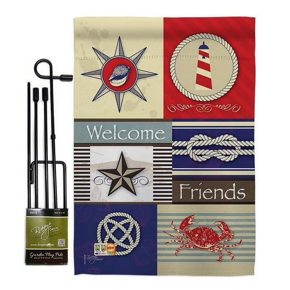 Breeze Decor BD-NA-GS-107001-IP-BO-D-US13-BD 13 x 18.5 in. Shoreline Collage Coastal Nautical Impressions Decorative Vertical Double Sided Garden Flag Set with Banner Pole