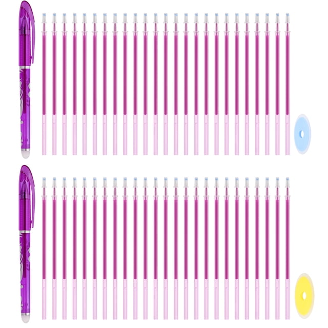 Uxcell 2Pcs Bolígrafos de Gel Borrables con 50 Recambios y 2 Borradores, Bolígrafos Borrables por Calor de 0.5mm para Tela, Tinta Púrpura