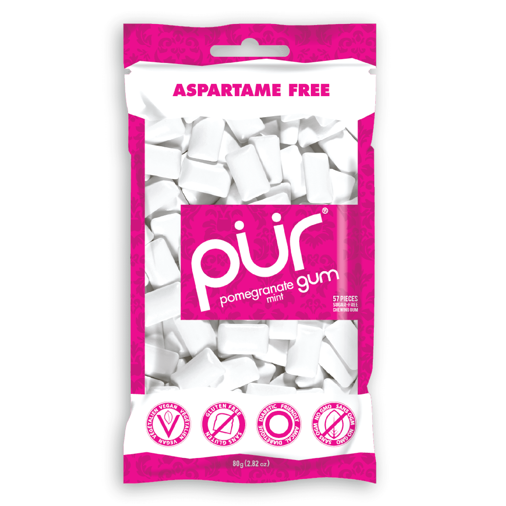 PUR Gum Aspartame Free Pomegranate Mint Gum 2.82 oz Bag 55 Pieces