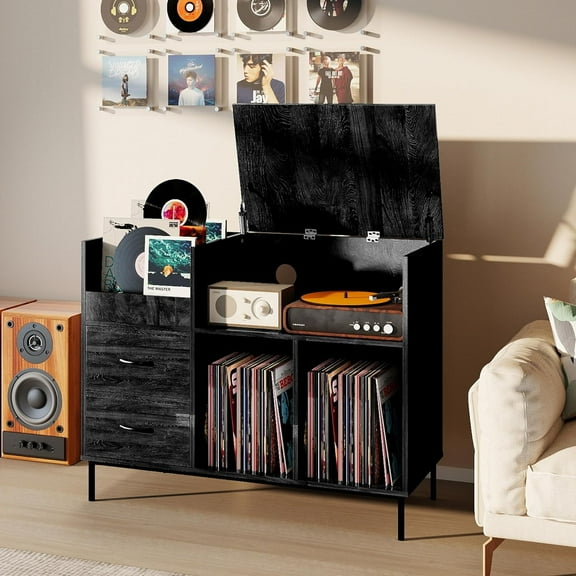 IKIMI Record Player Stand with Flip-Top & Drawers, Vinyl Storage Cabinet with Outlet, Wood Media Console Table for Vinyl Records Storage,Assemblely Required,Black