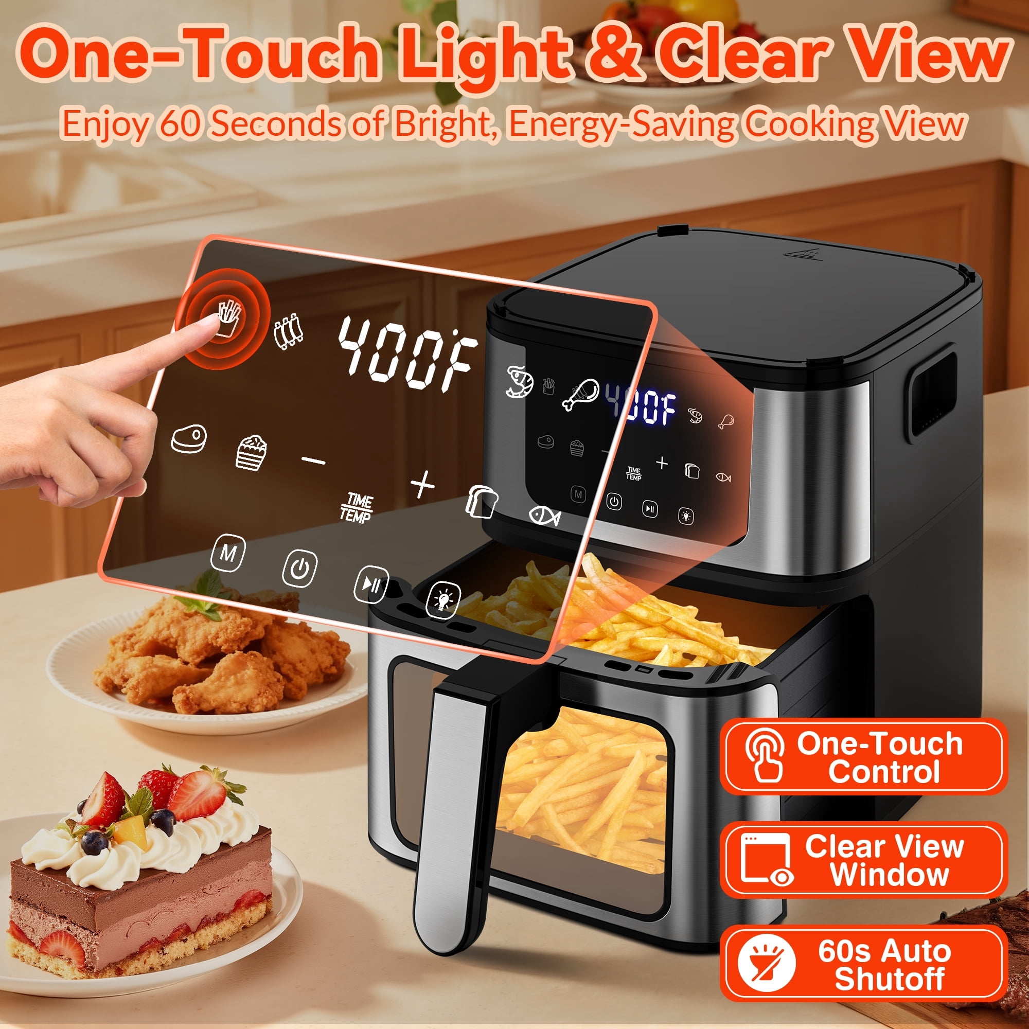 7.5 QT Visible Air Fryer Oven with Light & Baking Tray, 8-in-1 Oil-Free Digital Air Fryer, Nonstick Basket & 100 Liners, Easy Clean Family Kitchen Cooker