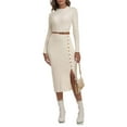 thumbnail image 3 of PrettyGuide Women's Mock Neck Sweater Dress Long Sleeve Fall Winter Ribbed Knit Bodycon Slit Midi Dress with Button, 3 of 8