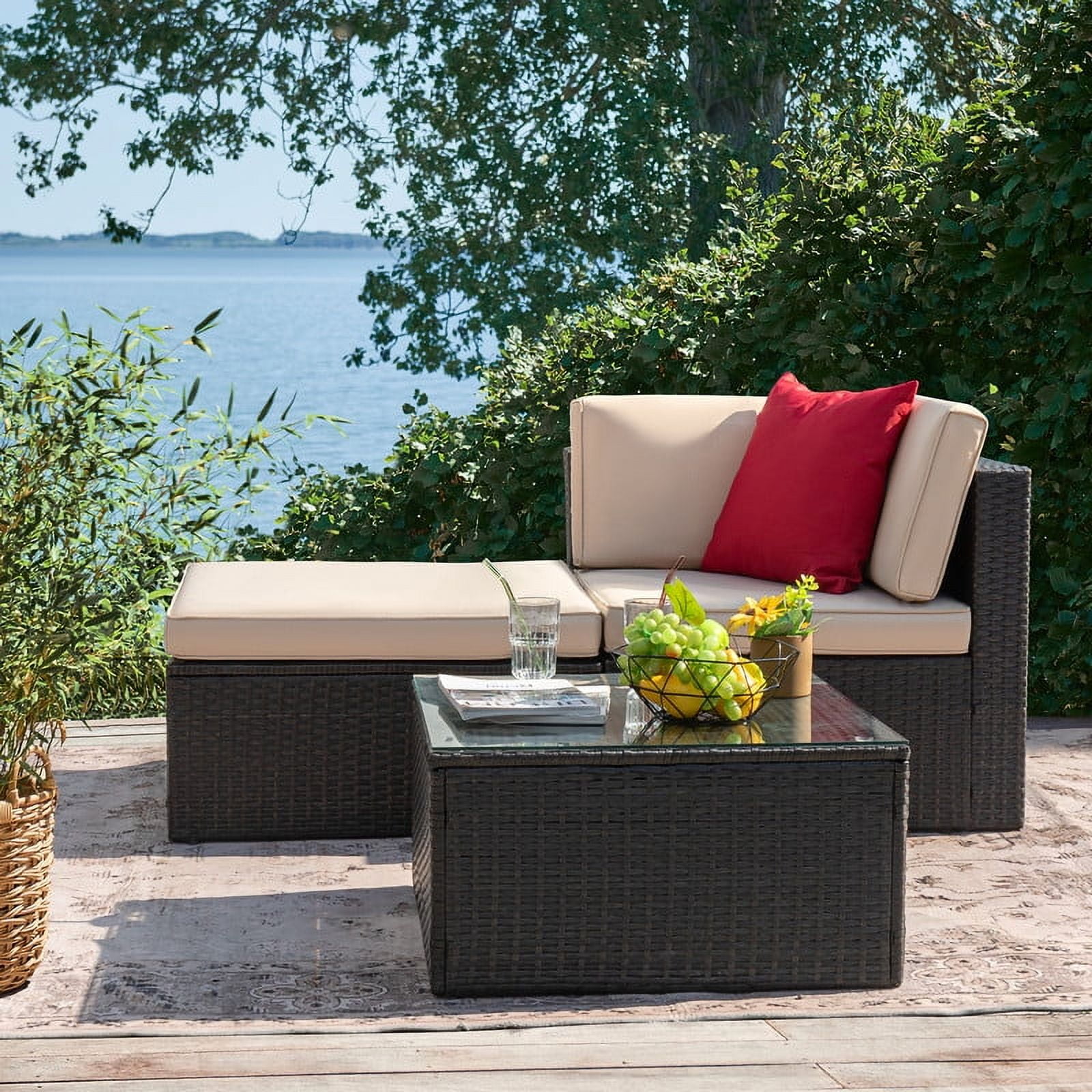Devoko Outdoor Sectional Sofa PE Rattan Patio Furniture Sets with Cushions and Table,Beige