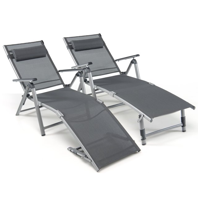 Patiojoy Chaise Longue d'Extérieur 2 Pcs, Chaise Longue Pliante avec Dossiers Réglables à 8 Niveaux, Cadre en Aluminium Robuste, Appui-Tête et Coussin Douillets
