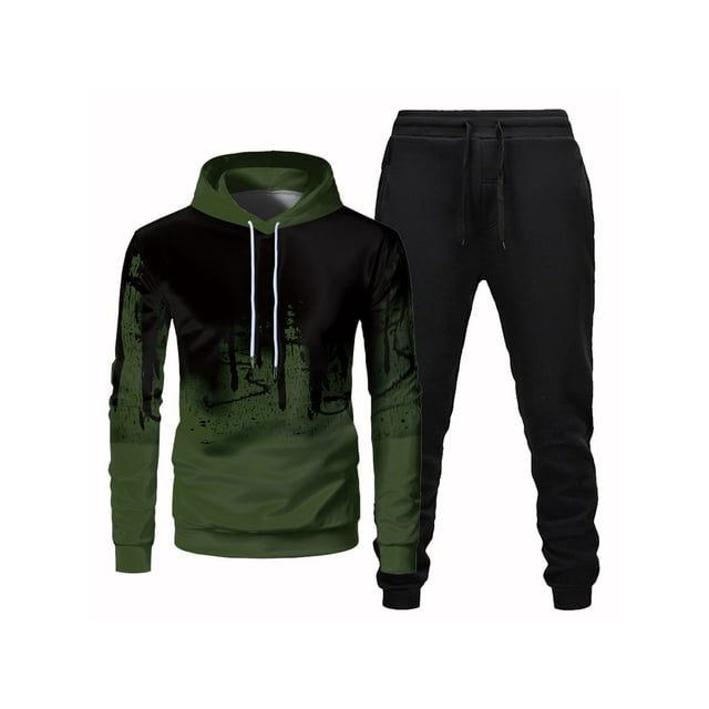 Daeful Sweatsuit Two Pieces Tracksuit Long Sleeve Jogger Set Men Lounge Active 2 Pcs Pullover Army Green Black XXL