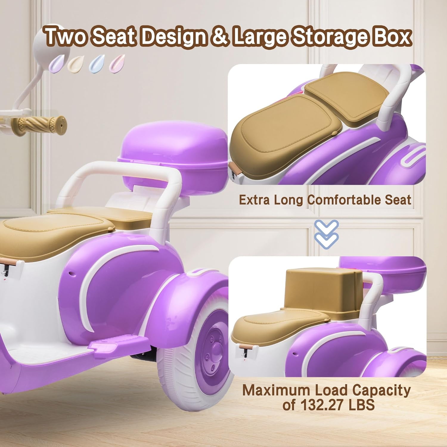 Track Seven 12V Ride on Motorcycle, 2-Seater Electric Motorcycle with Dual Motor, 3 Wheels Motorbike with Bluetooth, LED Lights, Storage Box, Front Hook, Ride on Toy Car for Boys Girls Aged 3+