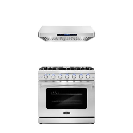 Cosmo 2 Piece Kitchen Appliance Packages with 36" Freestanding Gas Range Kitchen Stove & 36" Under Cabinet Range Hood Kitchen Hood Kitchen Appliance Bundles