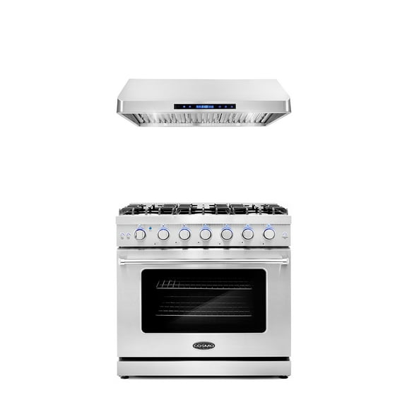 Cosmo 2 Piece Kitchen Appliance Packages with 36" Freestanding Gas Range Kitchen Stove & 36" Under Cabinet Range Hood Kitchen Hood Kitchen Appliance Bundles