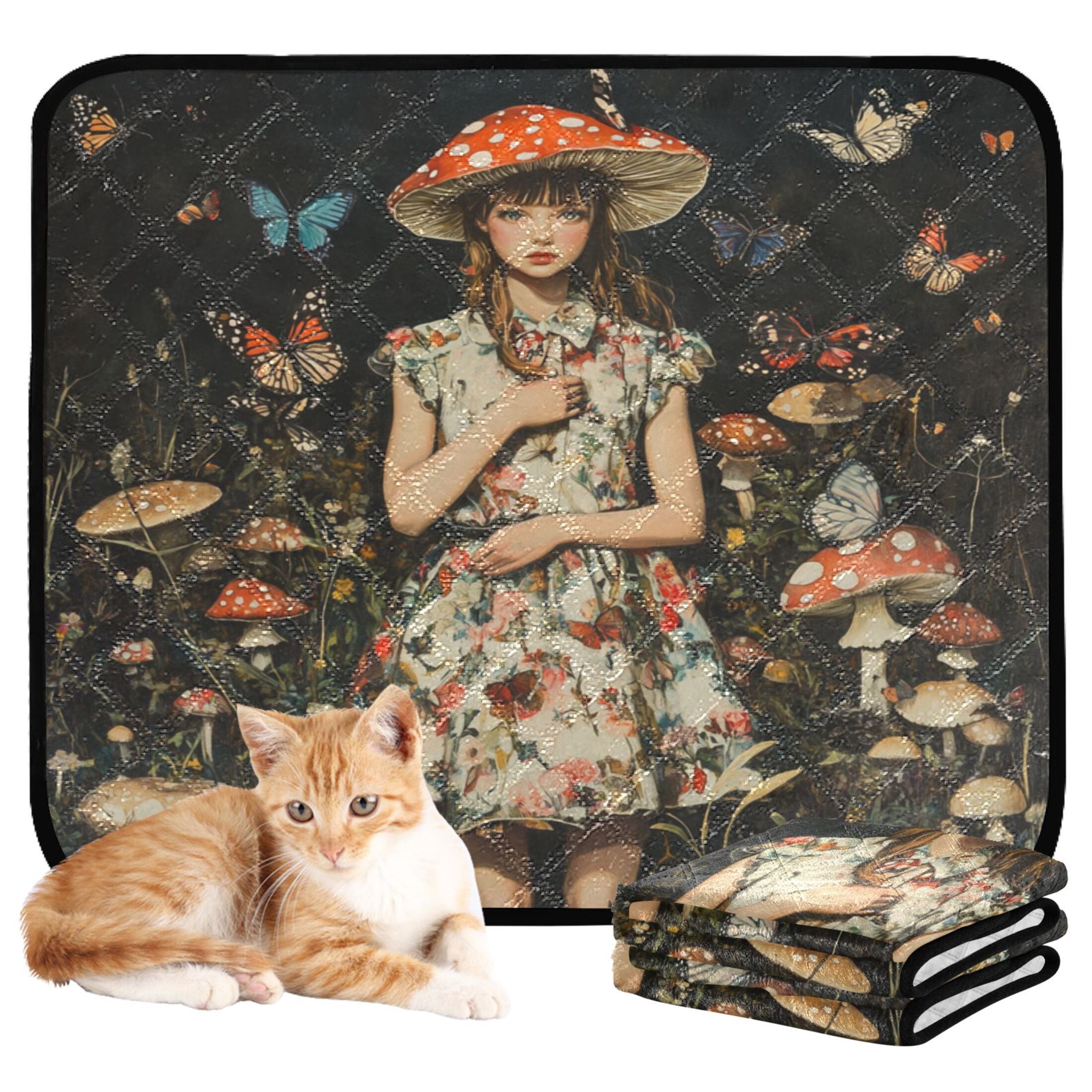 Qxltty Lass Surrounded by Butterflies Cat litter Pads Pet Set of 2 Diaper Mats Center Anti-leakage Layer Absorbent Soft and Comfortable