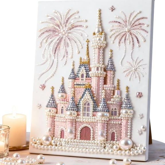 DIY 3D Pearl Painting Kit, Castle Design with Fireworks-Castle Pearl Painting, DIY Pearl Painting Kit with Frame,Holiday Home Decoration, Art and Crafts(1set - L)