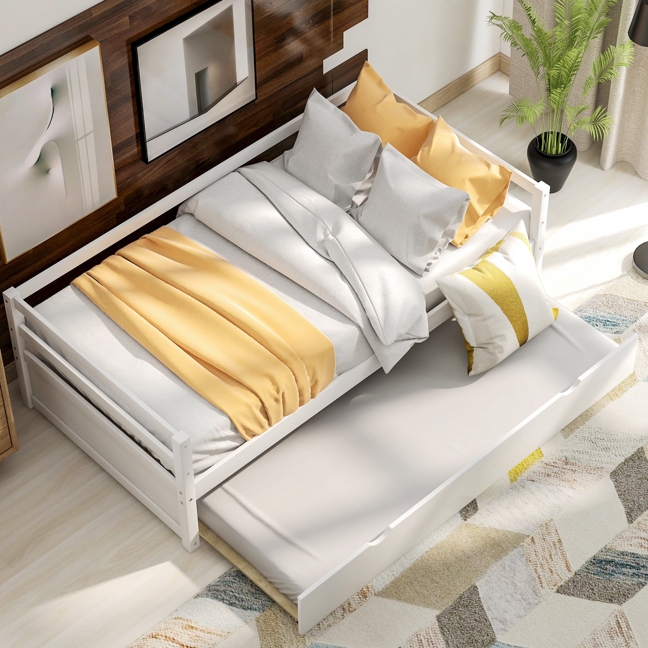 Noble House Twin Daybed with Hidden Rolling Trundle, Pine Wood Frame, Minimal Space Saving Design, White