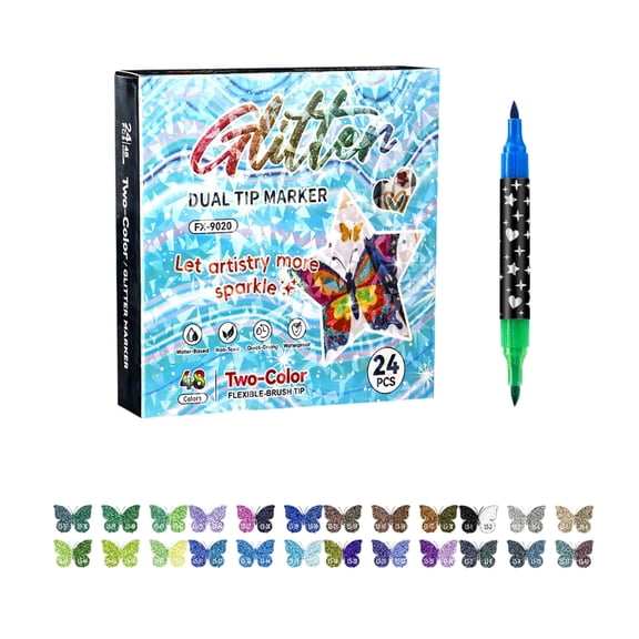 Foxfeel Double-Headed Two-Color Acrylic Markers, Glitter Watercolor Pens, Soft Tip for Drawing, 12 Colors, Version A