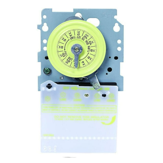 Intermatic T100 Series 40 Amp 208-277V DPST 24 Hour mechanical time switch mechanism with yellow dial and metal mounting plate.