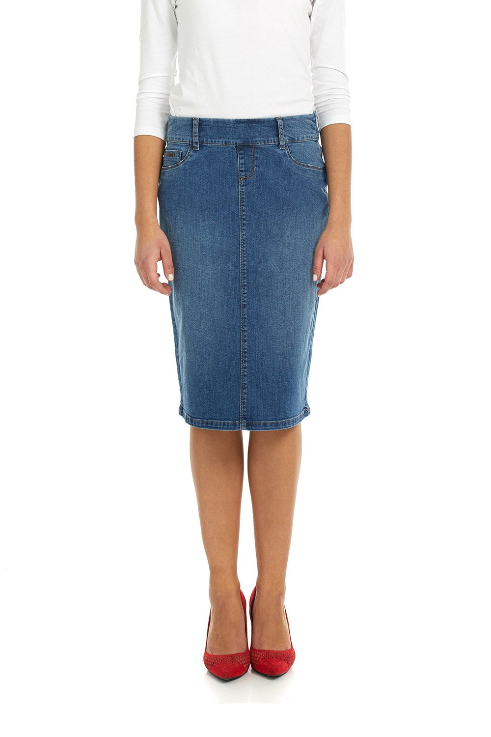 blue jean skirts below the knee