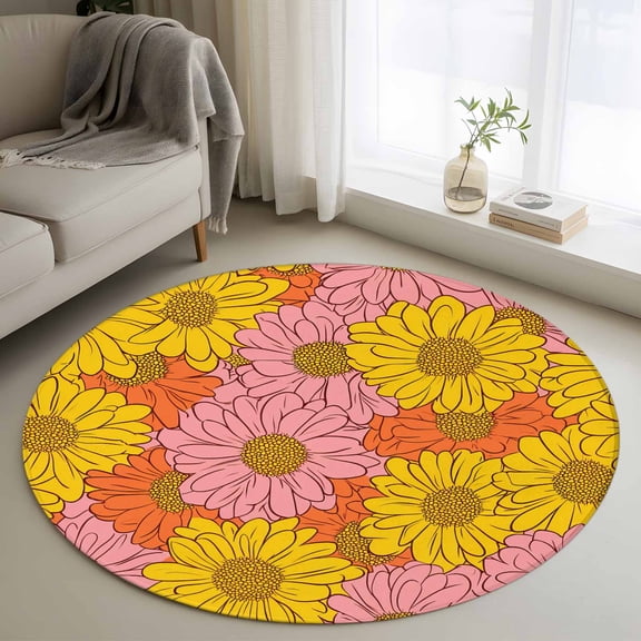 Round Rugs 3Ft, Pink Orange Yellow Daisy Round Area Rug Washable Indoor Throw Carpet, Spring Floral Botanical Small Non Slip Circle Rug for Bedroom Living Room Home Decor Aesthetic