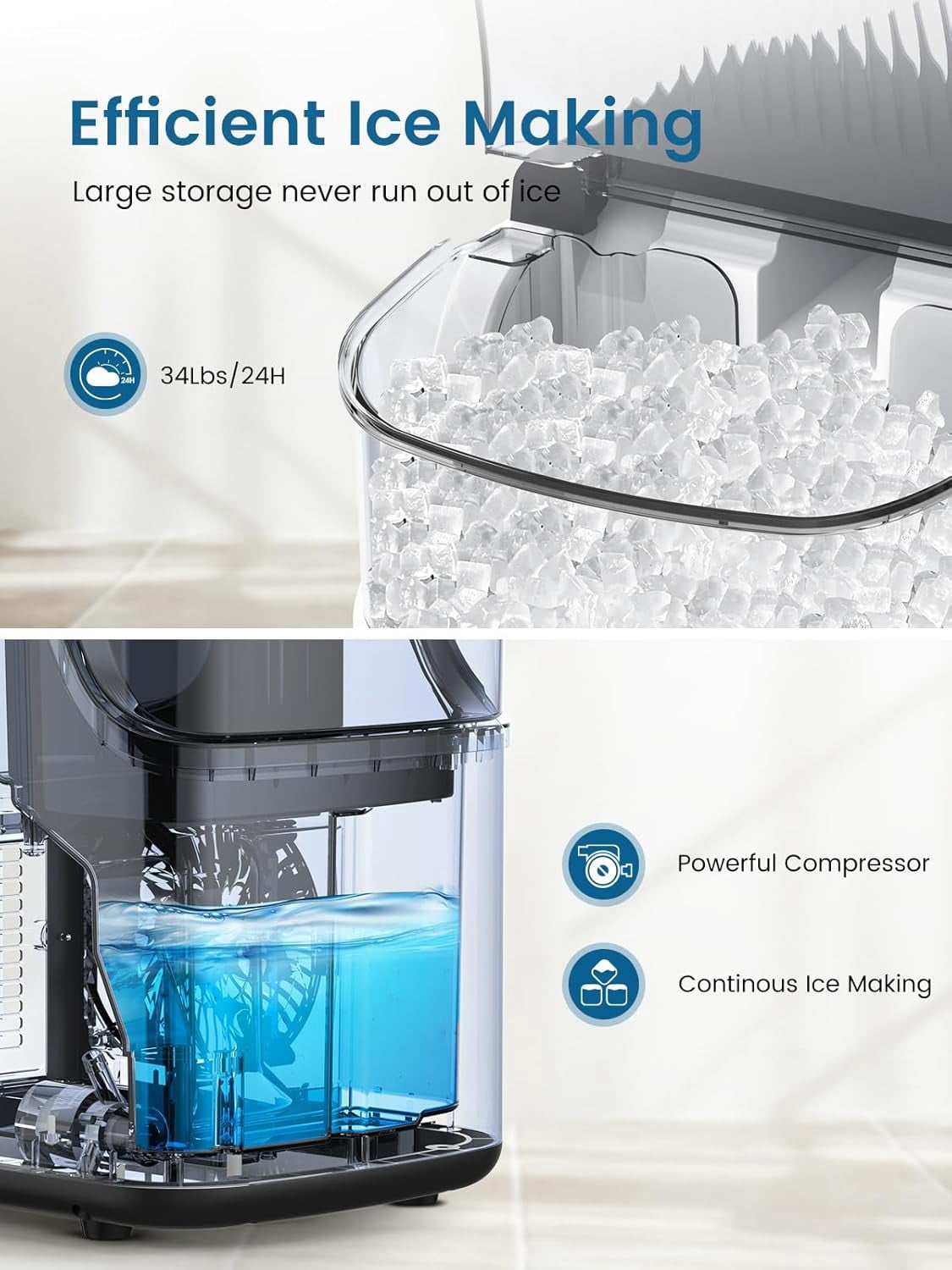 WAA Ice Makers Countertop,Portable Ice Machine with Crushed Ice,35lbs/Day,Self-Cleaning,One-Click Operation for Home Use(Silver)