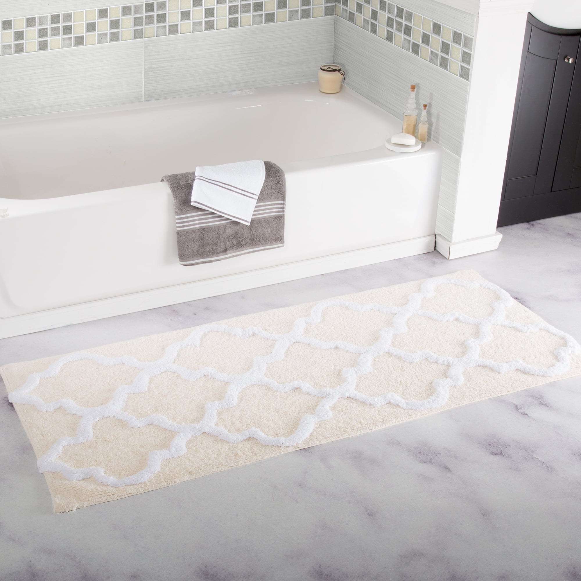 SH 100 Cotton Trellis Bathroom Mat 24x60 inches Bone