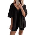thumbnail image 1 of Women's Oversized 2 Piece Outfits V Neck T-Shirts Biker Shorts Tracksuit Hot Shot Reversible Sets, 1 of 6