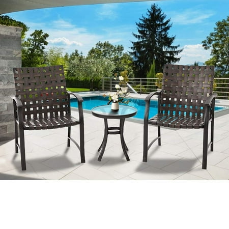 Outdoor Furniture Plastic Straps SUNCROWN Outdoor Furniture 3 Piece Patio Bistro Set Strap Strapping Chairs with Glass Top Side Coffee Table Set, Brown ()