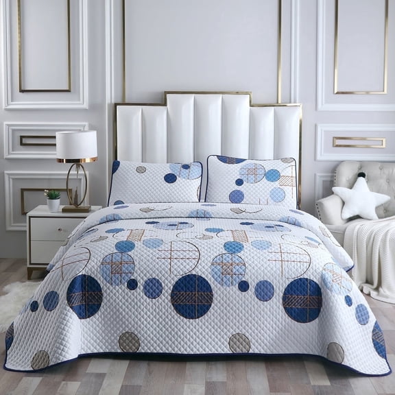 DBOZE Reversible Cotton Blend 3-Piece Embroidery Pattern Elegant Bedding Quilt Set with Embroidered Decorative Shams Soft Bedspread & Coverlet Set, King, Blue/White