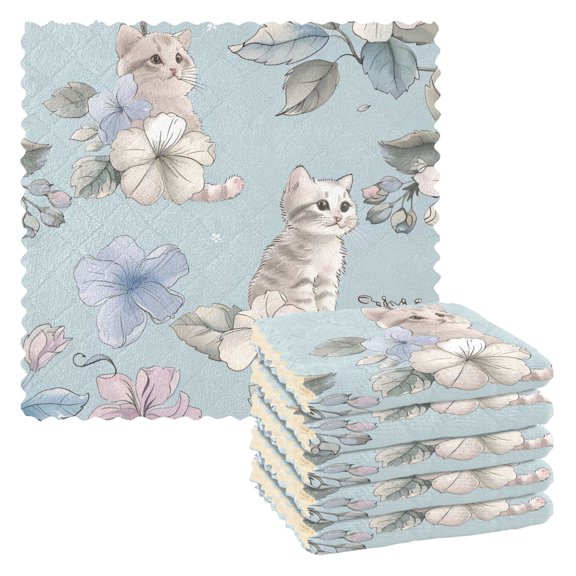 6 Pieces of Kitchen Towels 11x11Inch Kitchen Dish Cloths Kitchen Dish Towels Reuseable Cleaning Cloths Flowers and Cat