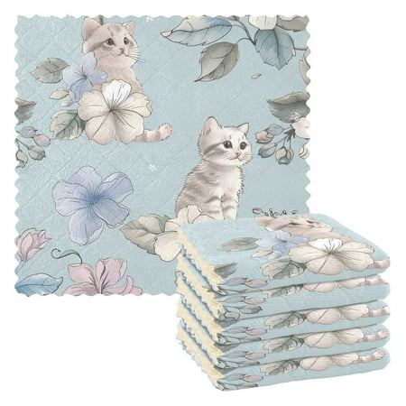 

6 Pieces of Kitchen Towels 11x11Inch Kitchen Dish Cloths Kitchen Dish Towels Reuseable Cleaning Cloths Flowers and Cat
