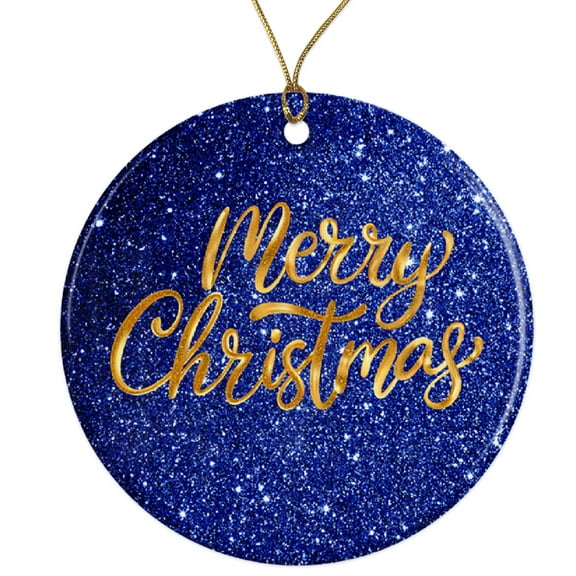 Merry Christmas Ornament - Blue Glitter with Gold Lettering - Festive Holiday Tree Decoration - Sparkling Christmas Decor - Non - Personalized Ceramic Ornament ORNW0263