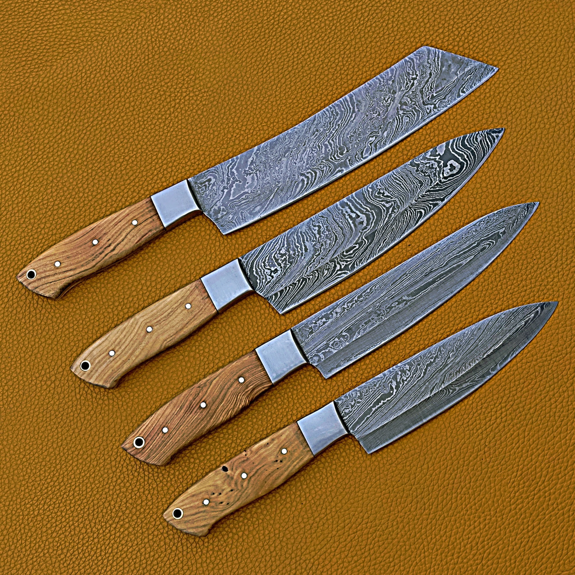 Smart & Sharp Custom Handmade Damascus Chef Knives Set/Kitchen Knives 4 Pieces Set 17408 (Olive Wood)