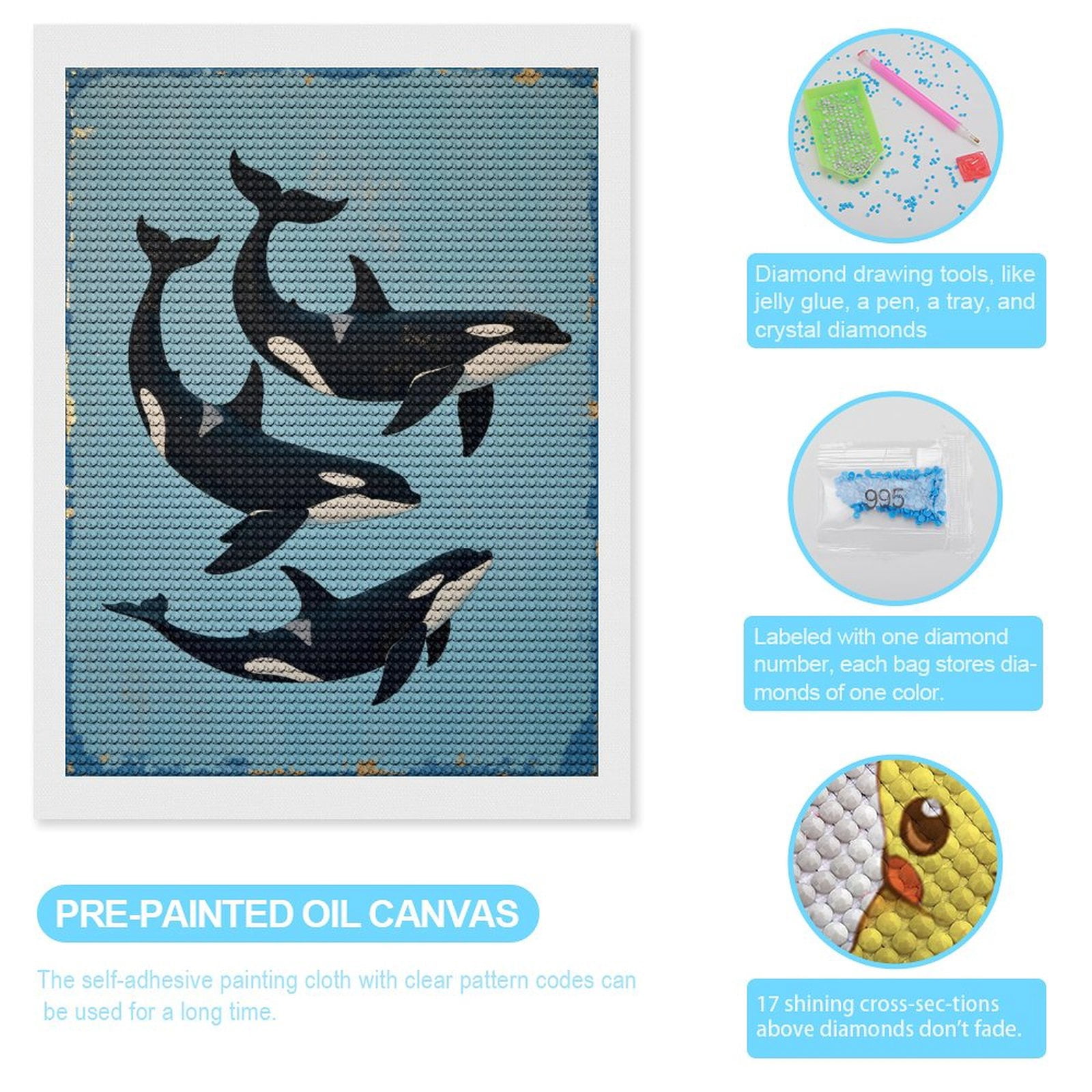 Diamond Art Kit for Adults, Orca Trio Ocean Art Diamond Painting for Adults Beginners, 5D DIY Diamond Art Painting Kits, Colorful Diamond Painting Craft for Home Decor 12x16