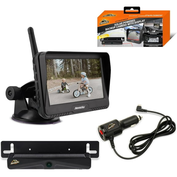 Armor All USB Solar Powered Backup Camera with 4.3” LCD Display, Wireless Easy Install Design Attaches to License Plate Frame.