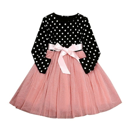 

Girl s Dress Long Sleeved Dress Princess Dress Black Top Pink Mesh Skirt Casual Fashion
