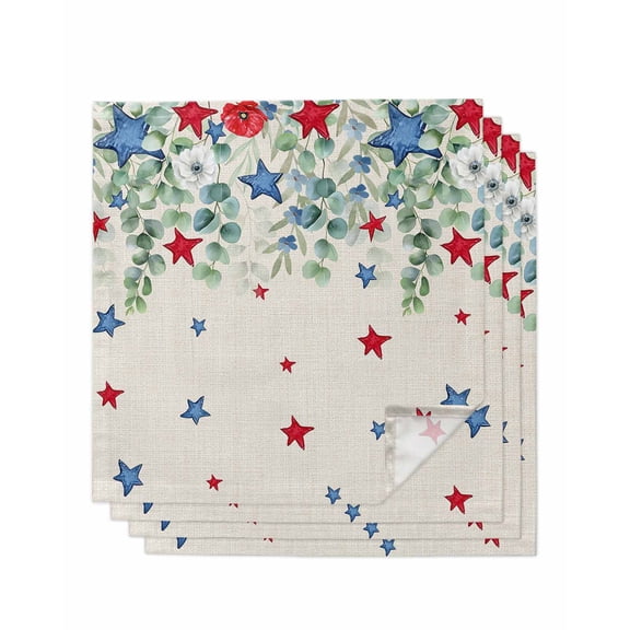 Independence Day Cloth Napkins Set of 4 Reusable Dinner Napkins, 4th of July Star Eucalyptus Leaf Burlap Cocktail Napkin Washable Table Napkins for Wedding/Holiday Party/Baby Shower 20"x20"