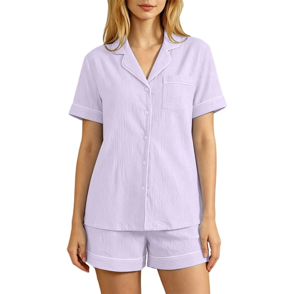 Yuncity Womens Pajama Set Cotton 2 Piece Summer Short Sleeve Button Up Top With Shorts Pjs Sleepwear Loungewear Nightwear,Size M-2Xl Purple