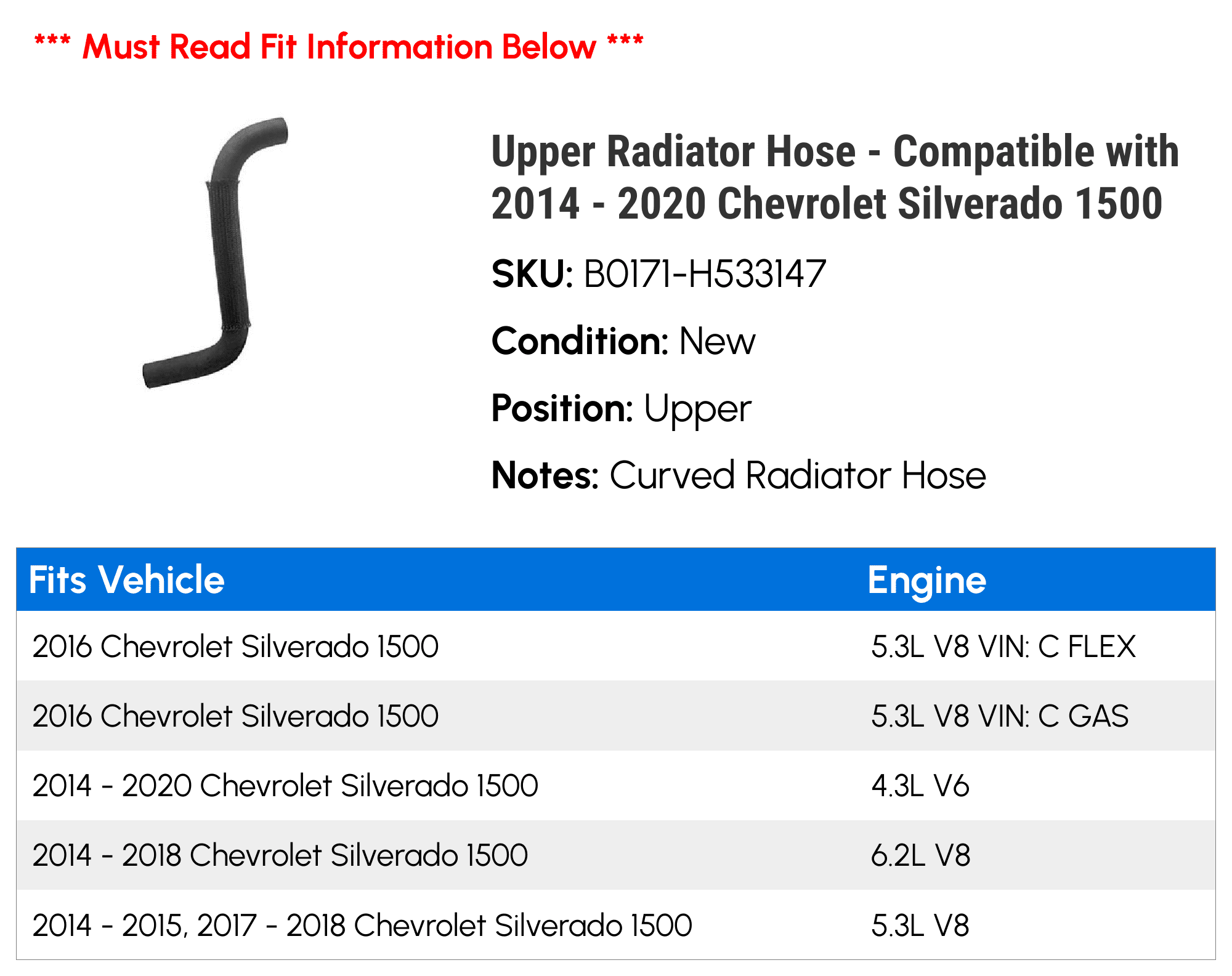 Upper Radiator Hose - Compatible with 2014 - 2020 Chevy Silverado 1500 2015 2016 2017 2018 2019