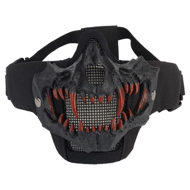 Máscara Media Cara Malla Colmillos Terror Calavera Ajustable para Accesorios Paintball