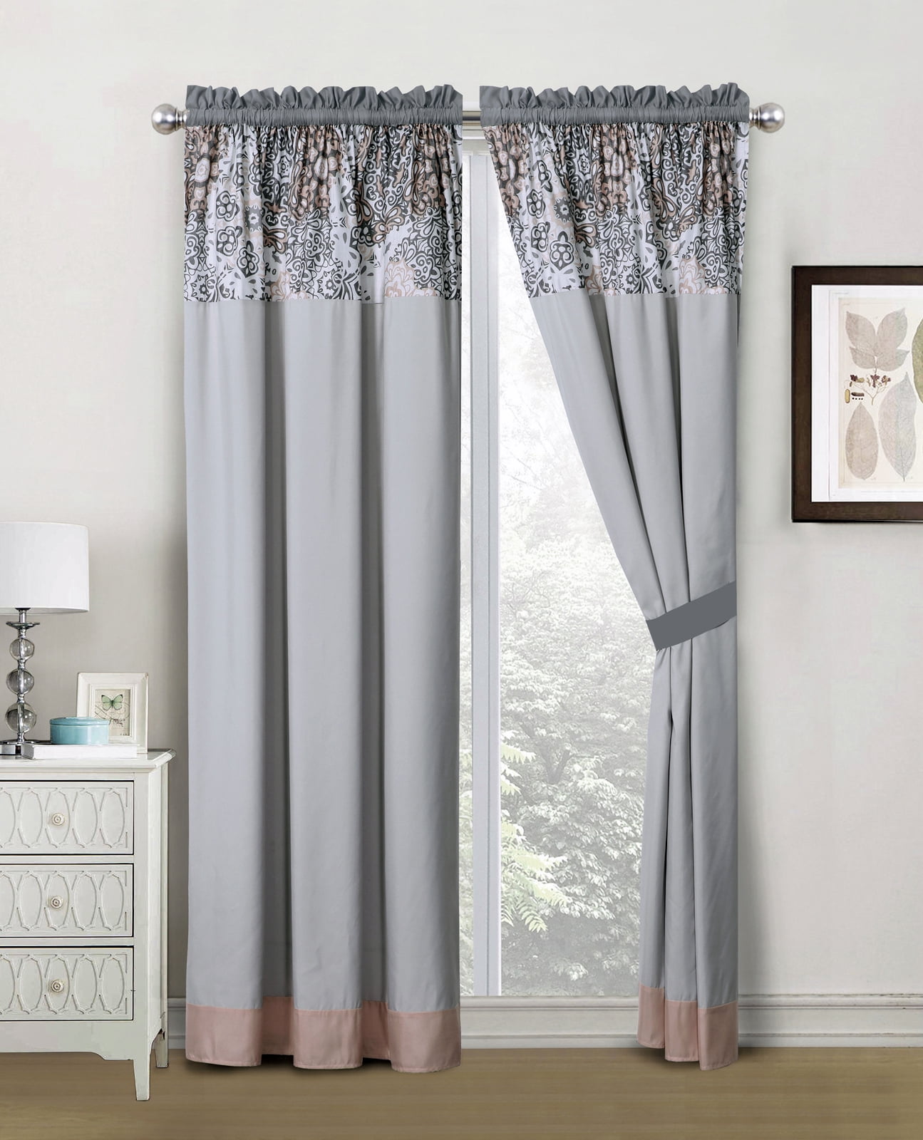 4pc Blue Gold Silver Gray Medallion Curtains Panels Drapes 84 in Valance Tassels 