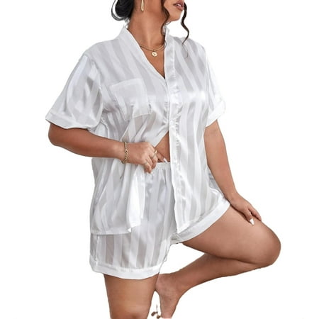 

Elegant Plain V neck Short Sets White Short Sleeve Plus Size Pajama Sets