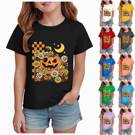 larppty Boys Girls Halloween T-Shirt Kids Sunflower Pumpkin Face Graphic Shirt Spooky Season Tee Funny Print Short Sleeve Tops (Black,2-3 Years)