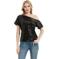 thumbnail image 1 of Womens Short Sleeve One Shoulder Sparkly Glitter Sequin Top Shirt, 1 of 5