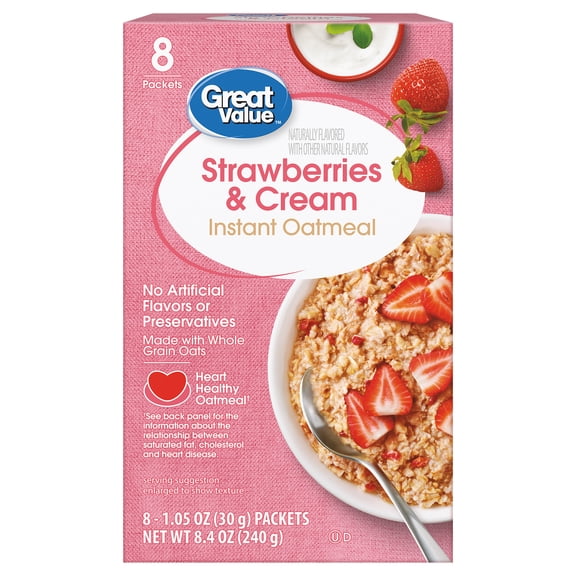 Great Value Strawberries and Cream Instant Oatmeal, 1.05 oz, 8 Count