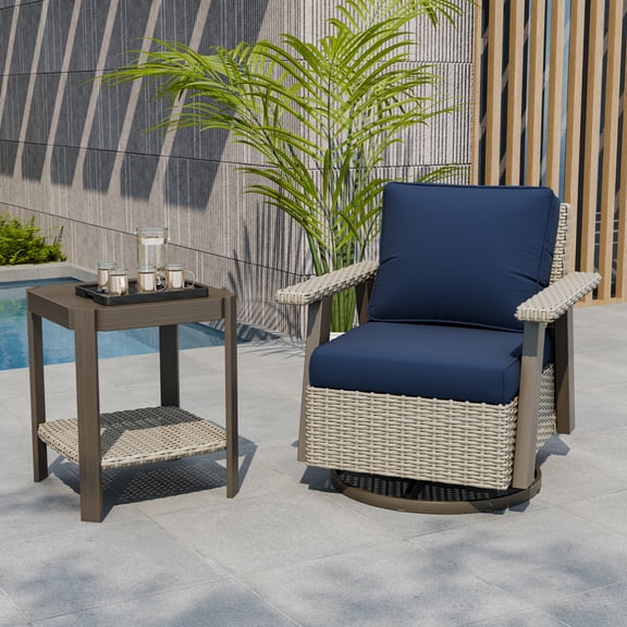 COOS BAY Rustic Hideaway Outdoor Swivel Rocker Patio Chair and Table Set, 2-Piece Wicker Bistro Set with Cushions, Beige/Dark Blue