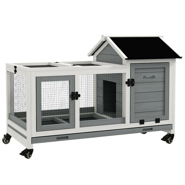 PawHut Rabbit Hutch with Wheels, Ramp, Run, Tray, Grey