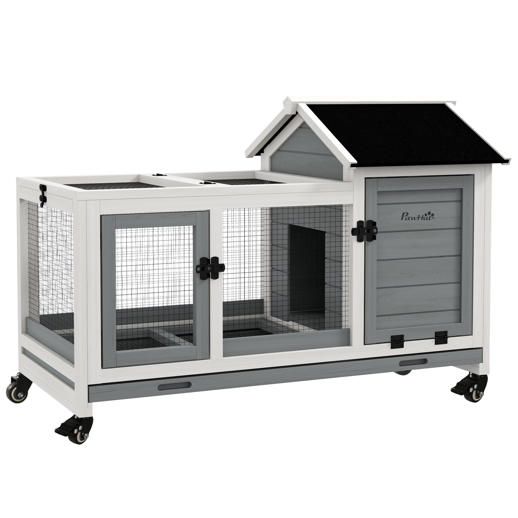 Rabbit Hutch with Wheels - Fir Wood Small Animal Cage for Indoor & Outdoor Use - Gray - 108L x 58W x 73.5H cm (2-Rabbit Capacity)