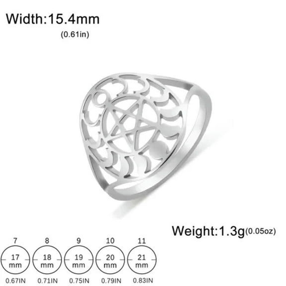 EOEMY Moon Phase Pentacle Ring Stainless Steel Adjustable Wicca Amulet Jewelry